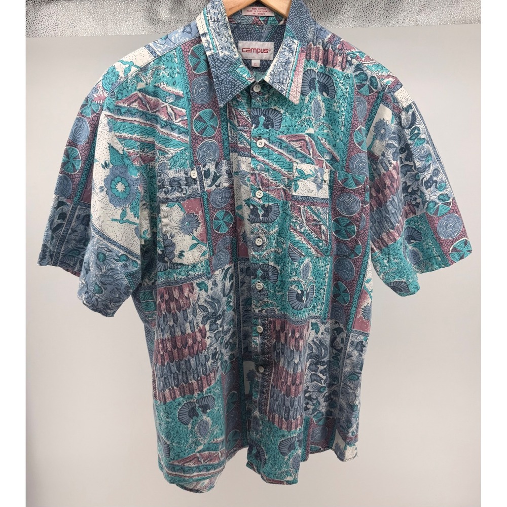 Vintage Campus Mens Short Sleeve Button Up Shirt Geometric Print Teal Size L 649